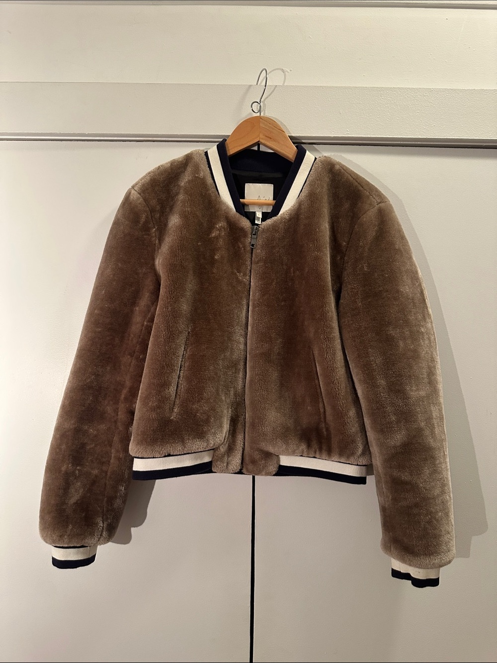 Joie Large Women’s Taupe Faux-Fur Bomber Jacket - Classic Cozy Layer